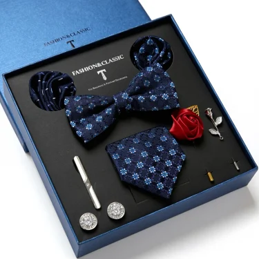 High Quality Holiday Gift Box 7.5 cm Blue Floral Tie Hanky Pocket Squares Cufflink Clip Set Necktie For Man Birthday Present 4