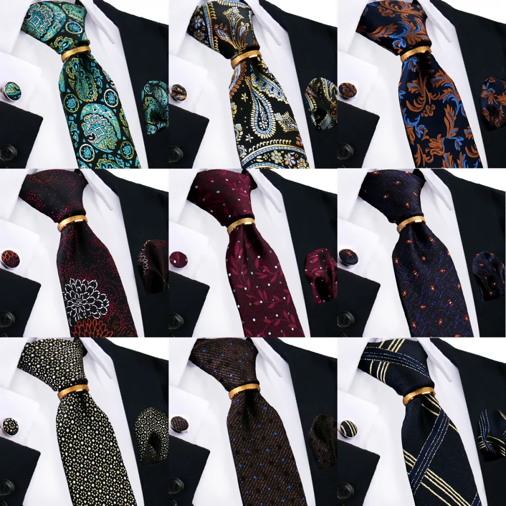 Luxury 100% Silk Tie For Mens Necktie Handkerchief Pocket Square Cufflink with Ring Brooch Set Wedding Business Ties Accessories 6