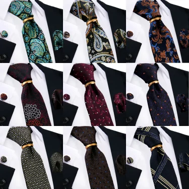 Luxury 100% Silk Tie For Mens Necktie Handkerchief Pocket Square Cufflink with Ring Brooch Set Wedding Business Ties Accessories 6