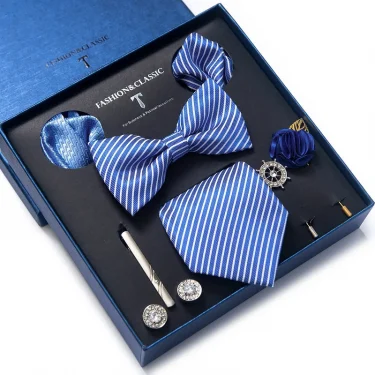 Top Grade Tie For Men Blue Paisley Tie Pocket Squares Cufflink Brooch Set Necktie Box Wedding Accessories Valentine's Day Gifts 4