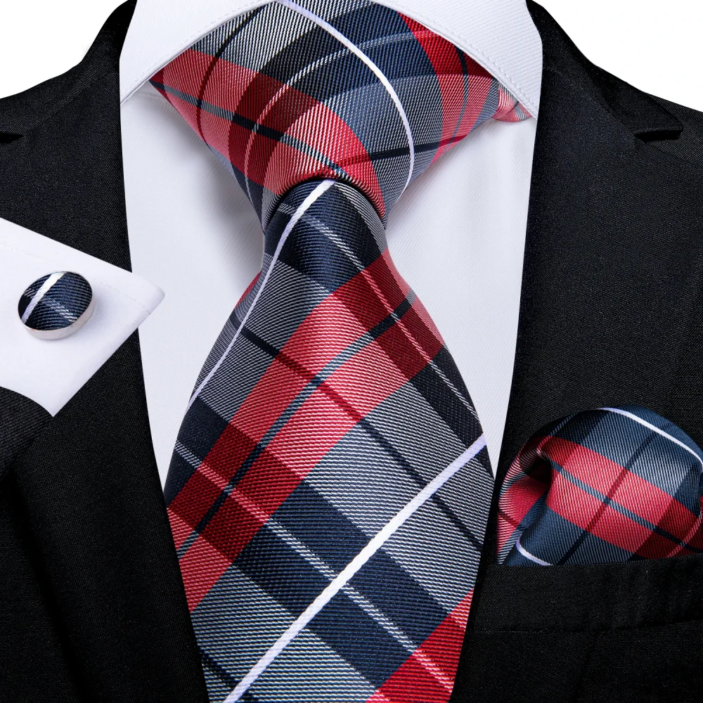 Classic Plaid Check Red Blue White Striped Silk Ties For Men Business Wedding Men's Neck Tie Handkerchief Cufflinks Gift For Men 1
