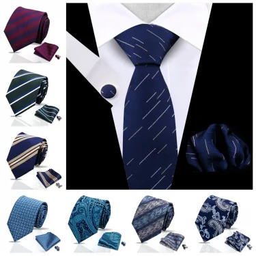 Navy Blue Tie Set For Wedding Banquet Man Woman Shirts Accessories Elegant Style Necktie Pocket Square Cufflinks Set For Gift 1