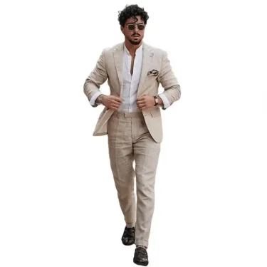 2 Piece Casual Beige Linen Men Suits Single Breasted Slim Fit Notch Lapel Blazer with Pants High Quality Wedding Costume Homme f 4