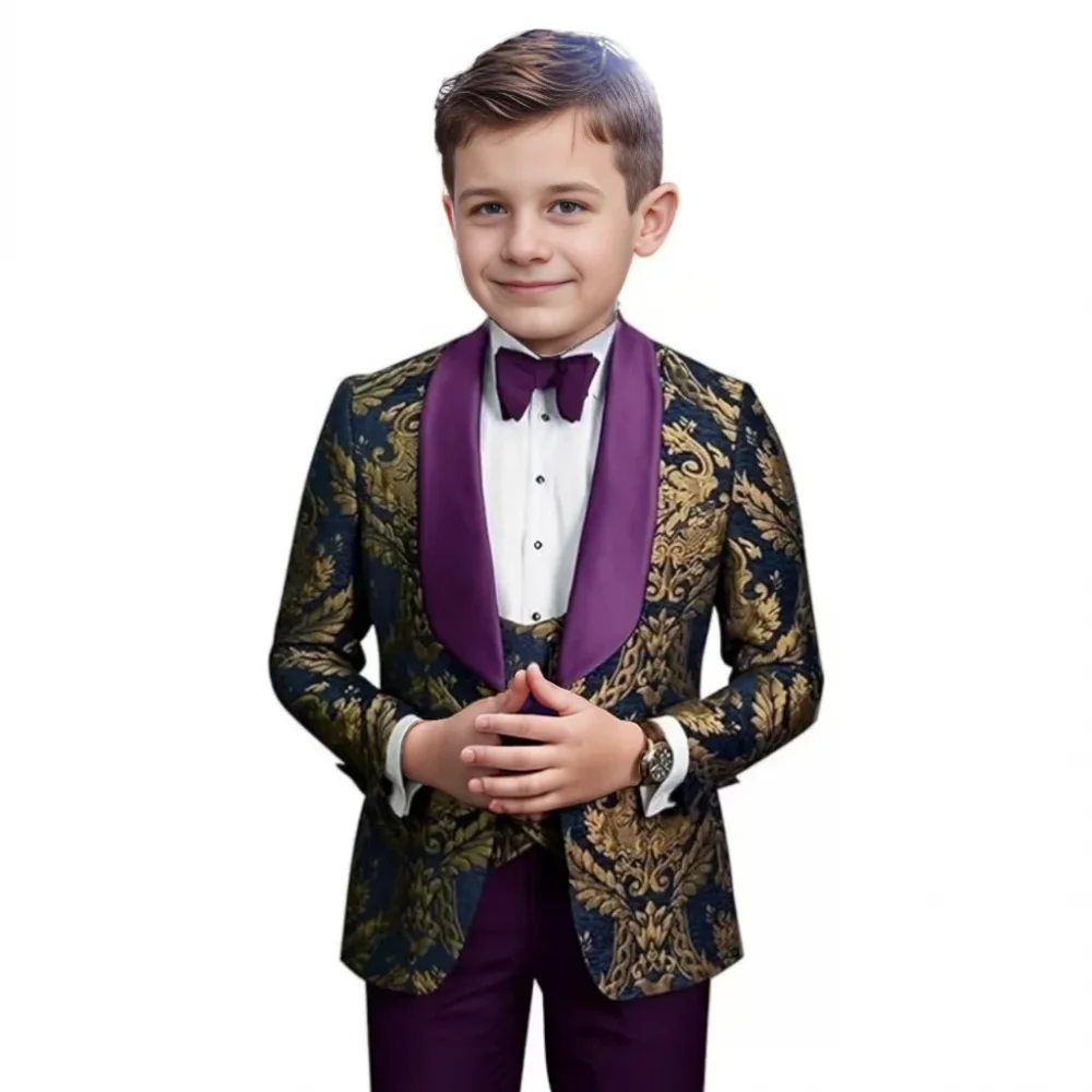 Fashionable Jacquard Kids Suits Set for Boys 3-16 Years 3 Pieces Blazer Vest Pants Tuxedos Set Formal Wedding Evening Parties 2