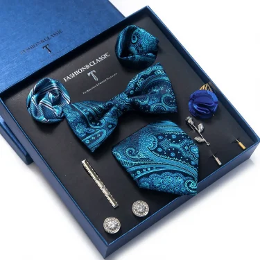 Top Grade Tie For Men Blue Paisley Tie Pocket Squares Cufflink Brooch Set Necktie Box Wedding Accessories Valentine's Day Gifts 1