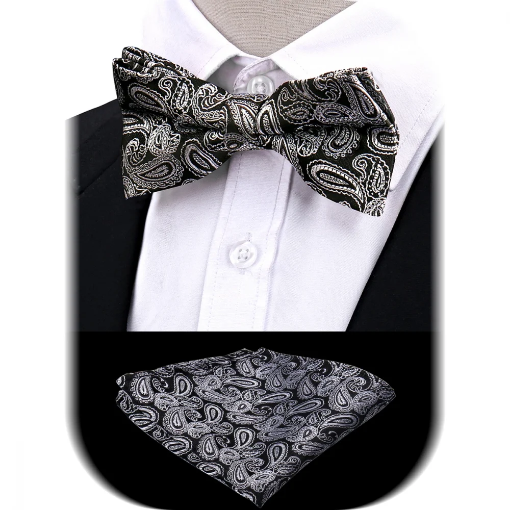 Bowtie Men Set Pocket Square Bow Tie Jacquare Paisley Floral Hanky For Man Black Butterfly Handkerchief Suit Pre-Tied Gifts 4