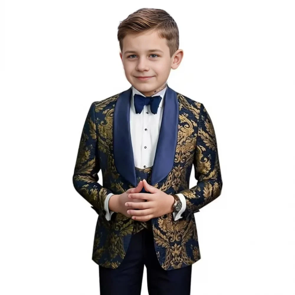 Fashionable Jacquard Kids Suits Set for Boys 3-16 Years 3 Pieces Blazer Vest Pants Tuxedos Set Formal Wedding Evening Parties 3