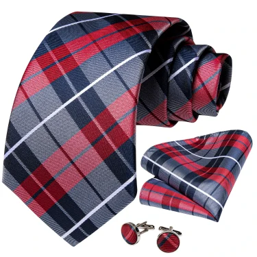 Classic Plaid Check Red Blue White Striped Silk Ties For Men Business Wedding Men's Neck Tie Handkerchief Cufflinks Gift For Men 3