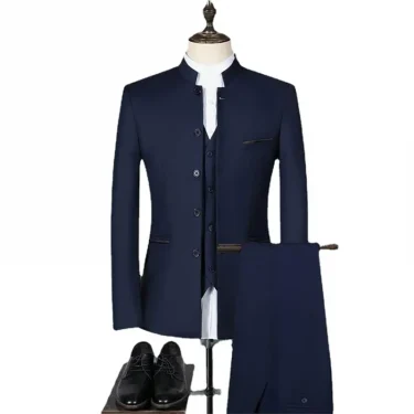 Men Suit Coat Vest Pants Fashion Chinese Retro Style Wedding Groom Suits Stand Collar Classic Men Blazers Jacket Vest Trousers 1