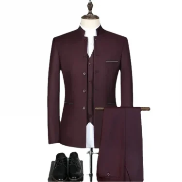 Men Suit Coat Vest Pants Fashion Chinese Retro Style Wedding Groom Suits Stand Collar Classic Men Blazers Jacket Vest Trousers 2