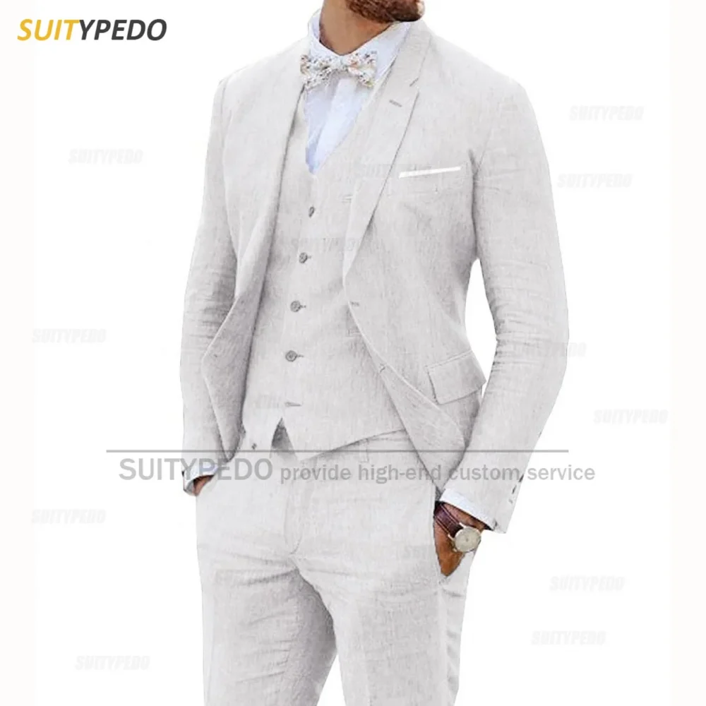 Beige Linen Suits for Men 3 Pieces Casual Slim Fit Suit Blazer Vest Pants Set Formal Prom Wedding Tuxedos for Groomsmen Best Man 6