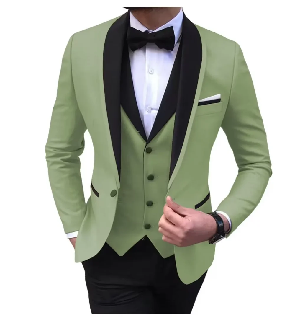 Casual Solid 3 Piece Men Wedding Suits Slim Fit Shawl Lapel Blazer Vest Pants Formal Business Groom Tuxedos Party Costume Homme 6