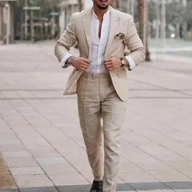 2 Piece Casual Beige Linen Men Suits Single Breasted Slim Fit Notch Lapel Blazer with Pants High Quality Wedding Costume Homme f 1