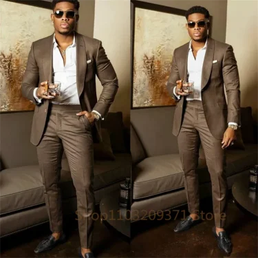 Dark Brown 2024 Men Business Suit Groom Groomsman Tuxedos Prom Wedding Party Formal 2 Piece Set Jacket And Pants 1