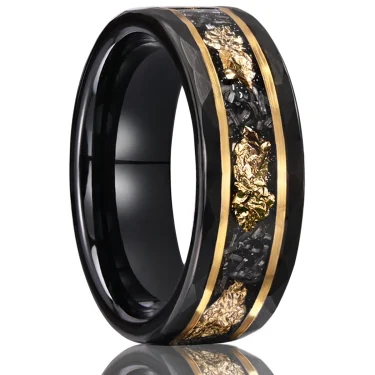 Black Tungsten carbide Rings for Men and Women 8mm Hammered Golden Leaf Inlay Men's Engagement Wedding Bands Comfortable fit 1