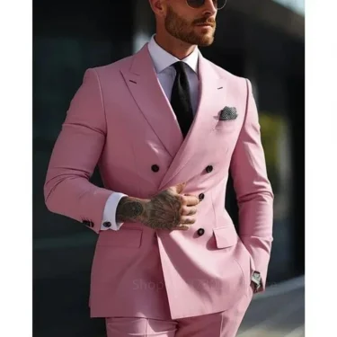 2 Pieces Solid Men Suits Set Fashion New Men's Formal Business/Wedding Groom Suits Peak Lapel Double Breasted Blazer Trousers 4