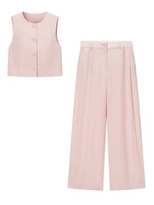 Women's Sleeveless Round-neck Short Vest High-waist Wide-leg Pants Set