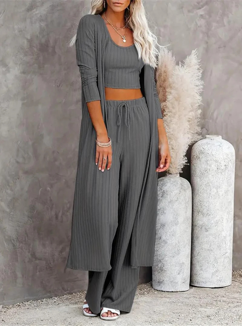 Plus Size Solid Color Cardigan Knitwear With Vest And Casual Pants Three-piece Set - Image 2