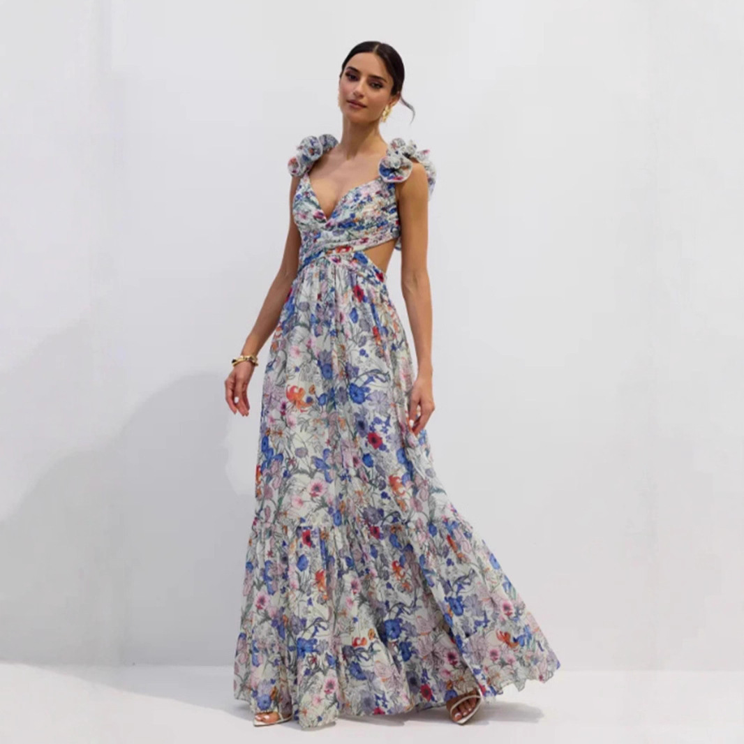 Printed Strapless Off-shoulder One-shoulder Tie-waist Ruffle Dress - Image 6