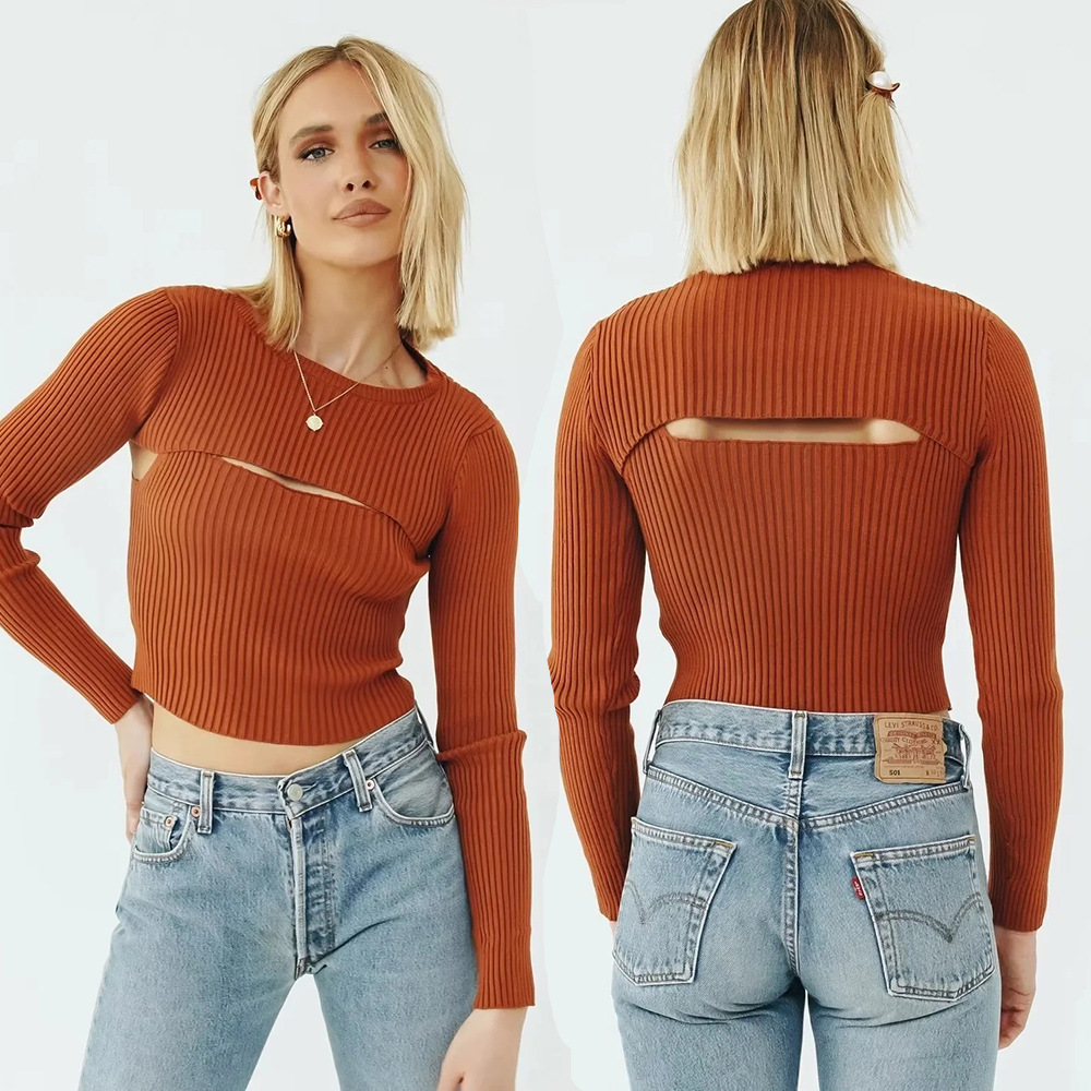 Women's Solid Color Versatile Slim Layering Short Long Sleeve Knit Sweater