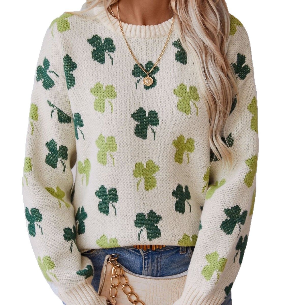 Drizzle Clover Jacquard Pullover Women's Sweater - Image 4