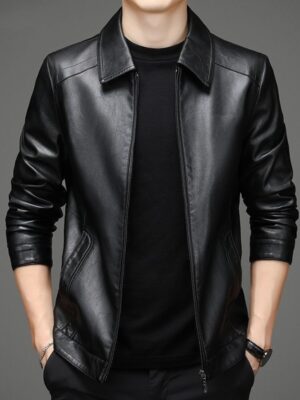 Thin Fleece-lined Soft Leather Jacket For Dad