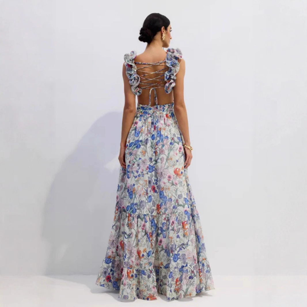 Printed Strapless Off-shoulder One-shoulder Tie-waist Ruffle Dress - Image 5