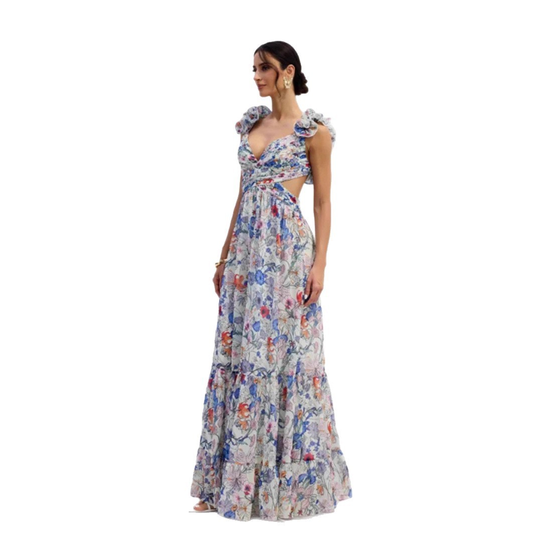 Printed Strapless Off-shoulder One-shoulder Tie-waist Ruffle Dress - Image 4