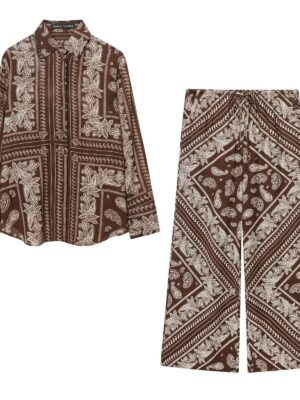 Straight Loose Printed Casual Shirt With Mid-waist Floor-length Wide-leg Pants