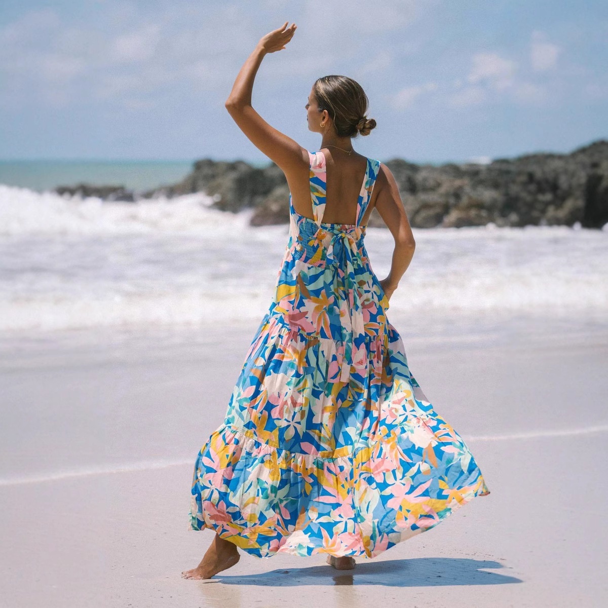 Fresh Print Tie-waist Dress With Pockets And Flared Hem For Vacation - Image 6