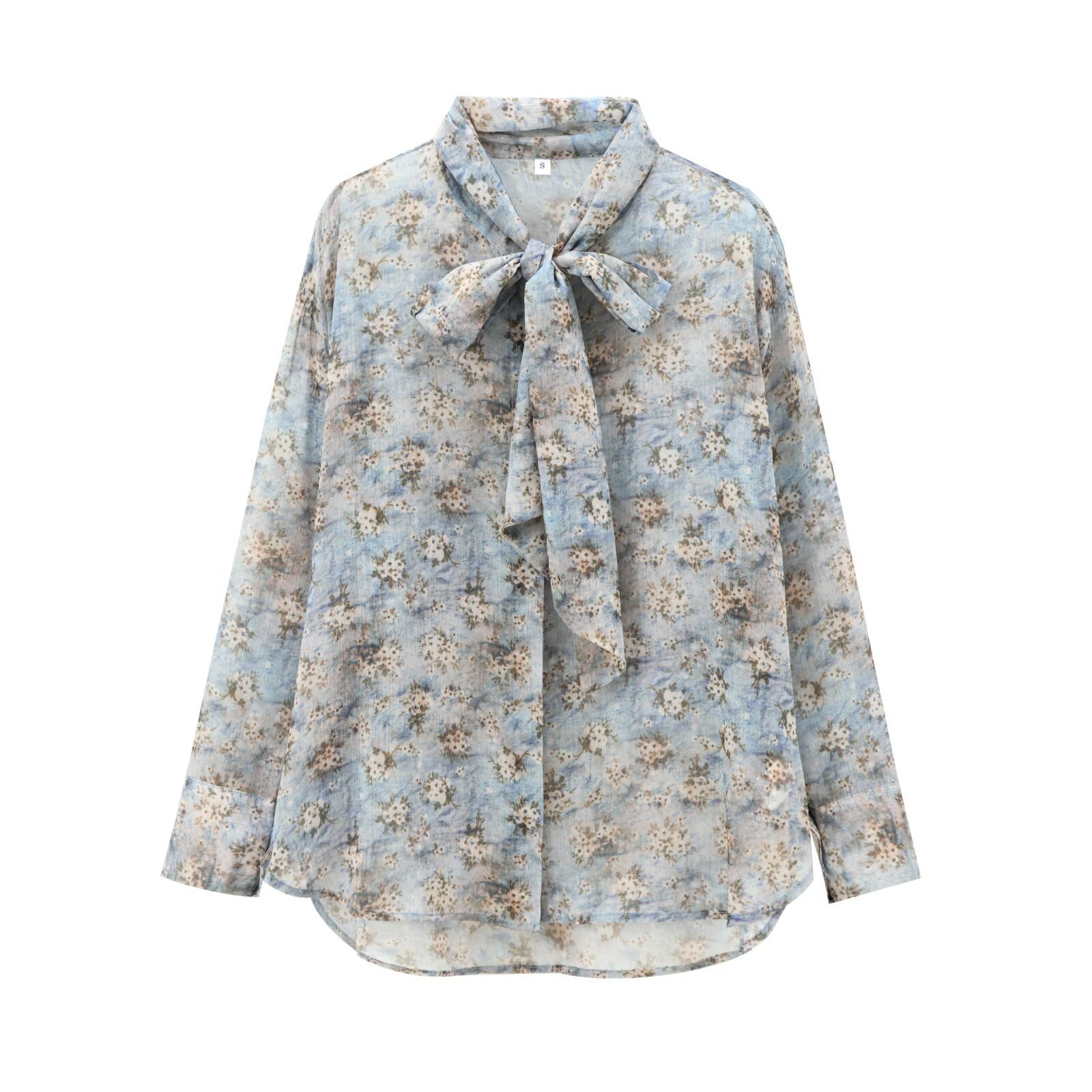European And American Women's Clothing French Floral Tie Bow Long-sleeved Shirt - Image 2