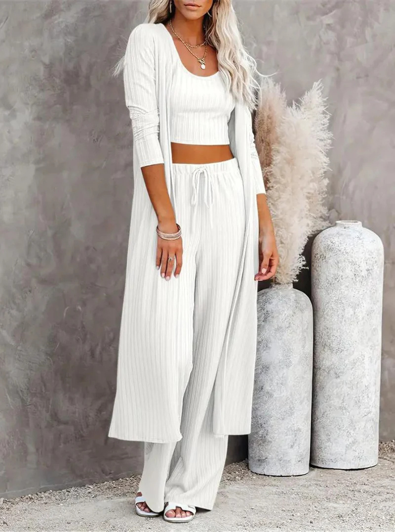 Plus Size Solid Color Cardigan Knitwear With Vest And Casual Pants Three-piece Set - Image 5