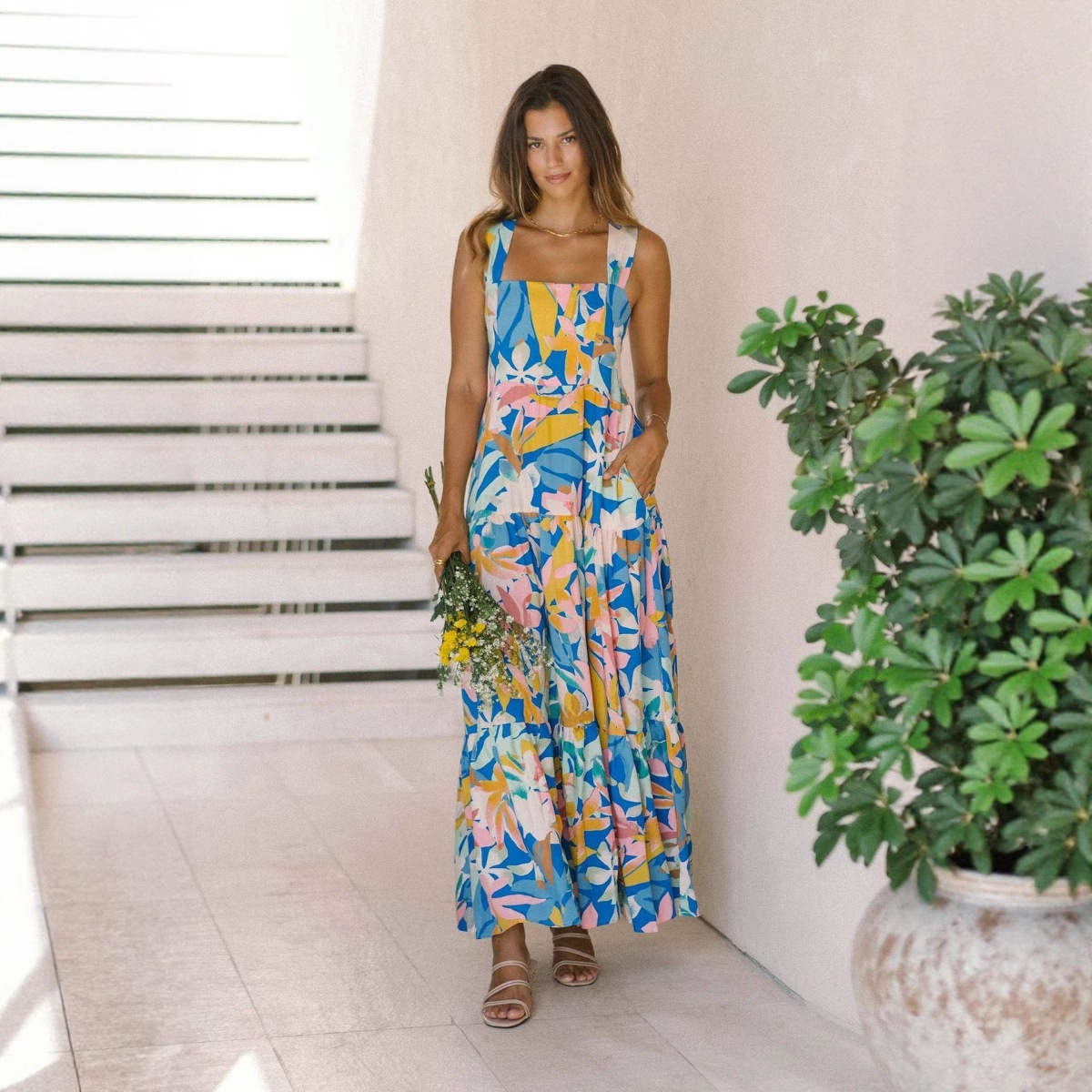 Fresh Print Tie-waist Dress With Pockets And Flared Hem For Vacation - Image 4