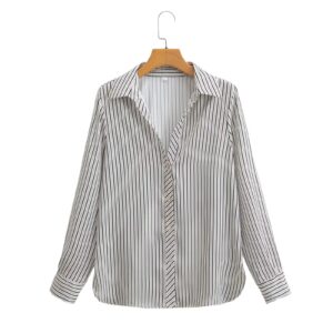 European And American Women's Fashion Lapel Long-sleeve Striped Shirt