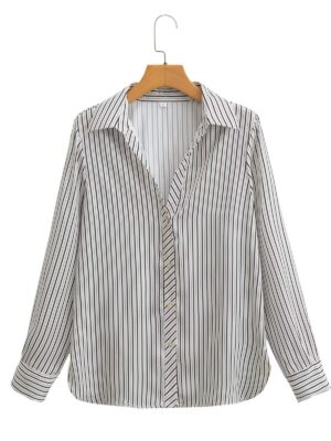 European And American Women's Fashion Lapel Long-sleeve Striped Shirt