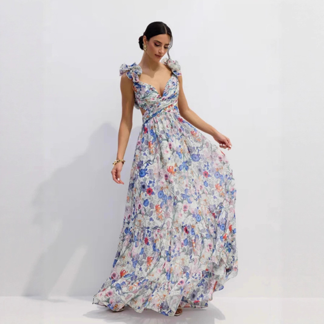 Printed Strapless Off-shoulder One-shoulder Tie-waist Ruffle Dress - Image 3
