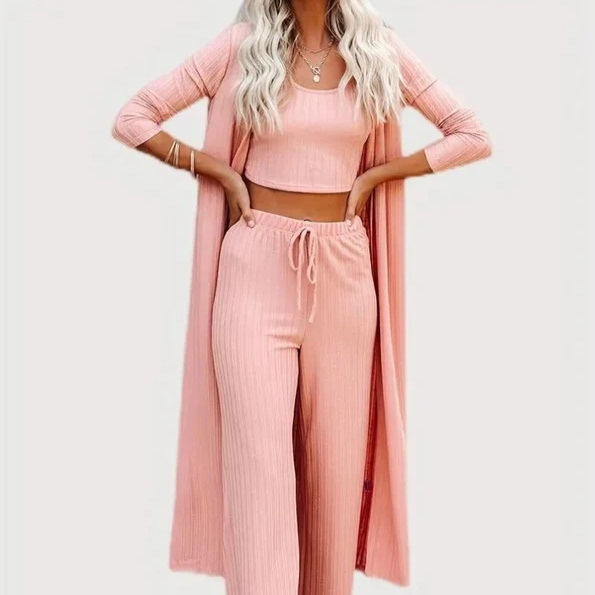 Plus Size Solid Color Cardigan Knitwear With Vest And Casual Pants Three-piece Set