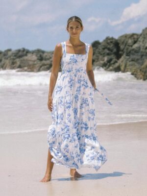 Fresh Print Tie-waist Dress With Pockets And Flared Hem For Vacation